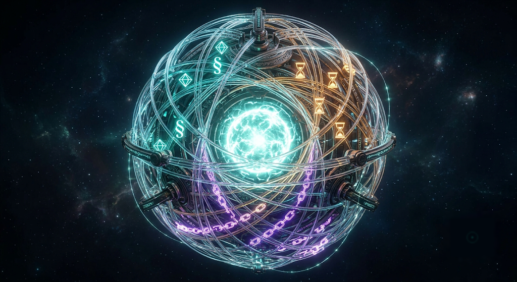 Abstrakte Visualisierung der Illuminatio Engine als leuchtendes Glasfaser-Geflecht mit den drei Logik-Kategorien Fakten-Drift, Raum-Zeit-Kollision und Struktur-Lücke