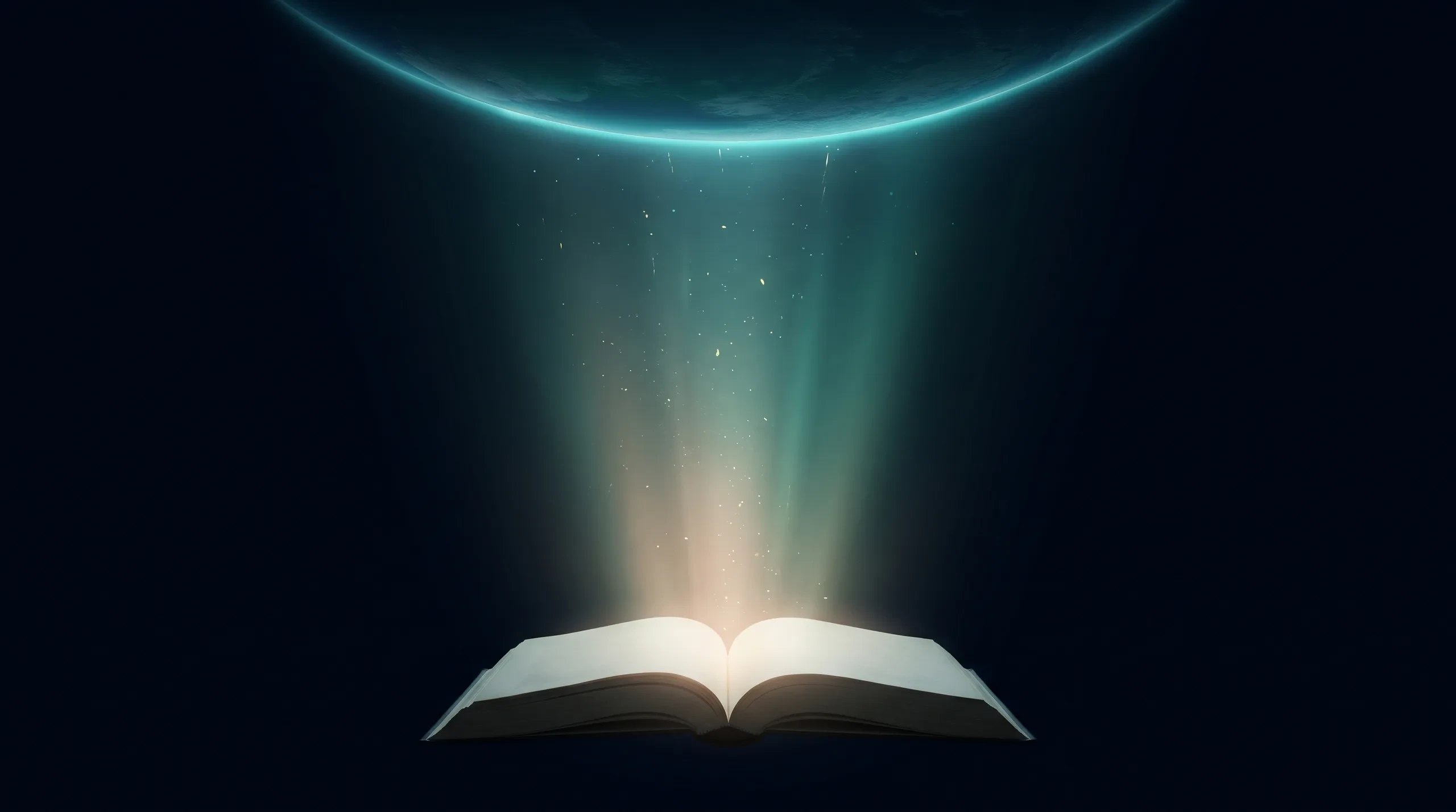 Aus einem aufgeschlagenen Buch steigt Licht auf, hinauf zu einer Welt im All.