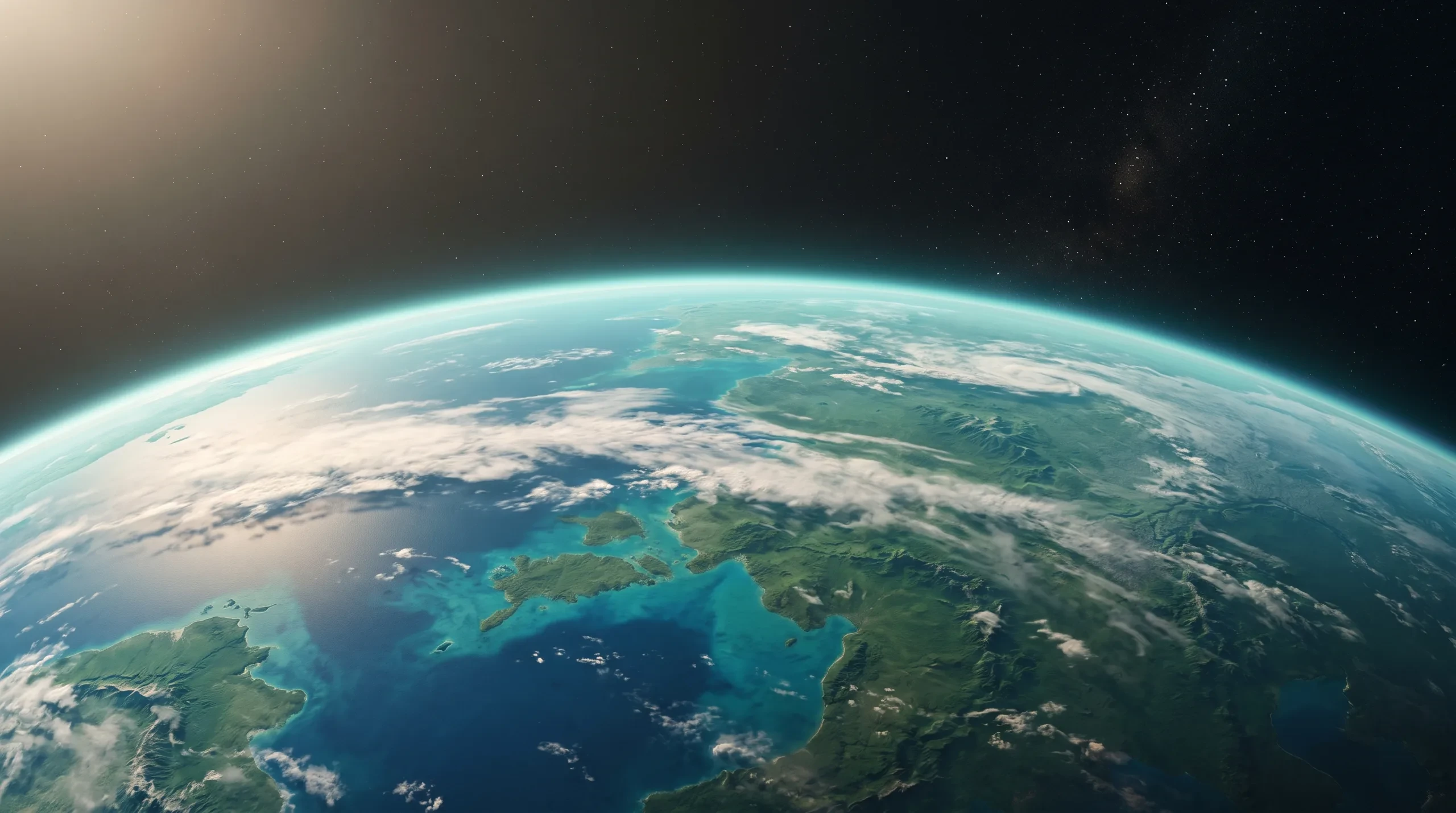 Blick aus dem All auf eine blau-grüne Welt mit schimmernder Atmosphäre.